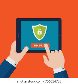 Businessman Hand Holding Tablet with Shield Icon on Screen. Protection symbol. Flat Design Style. Vector Illustration