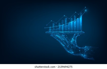 businessman hand holding tablet  showing graph growth stock. finance forex trading technology. Economy trends investment concept. vector illustration digital design. isolated on blue dark background. - Shutterstock ID 2139694275