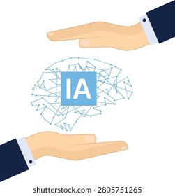 Businessman hand holding tablet with virtual brain, Artificial Intelligence (AI) and idea concept


