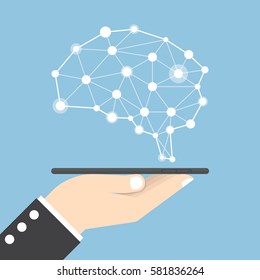 Businessman hand holding tablet with virtual brain, Artificial Intelligence (AI) and idea concept