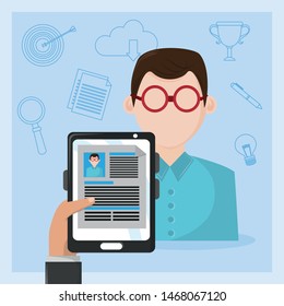 Businessman hand holding tablet with worker CV in job interview ,vector illustration.