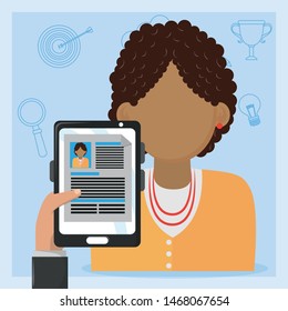 Businessman hand holding tablet with worker CV in job interview ,vector illustration.