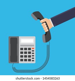 Businessman hand holding telephone office flat design vector illustration