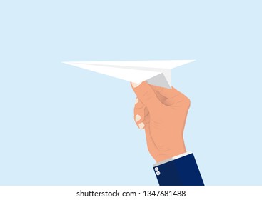 Businessman' hand holding throwing paper plane to target, business concept vector illustration