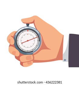 Businessman hand holding thumb finger on chrome stopwatch with seconds arrow. Flat style vector illustration clipart.