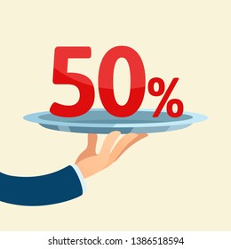 Businessman hand holding tray with discount label - fifty percent. Vector, business illustration. Flat cartoon style, isolated background.