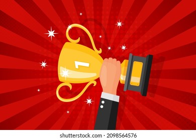 Businessman hand holding trophy. Winner trophy award design.