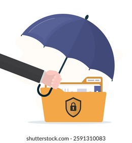 Businessman hand holding umbrella and covering folder. General Data Protection Regulation, folder with data over white background. Information protection, security. flat vector illustration