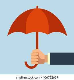 Businessman hand holding an umbrella. Flat design. Vector illustration.