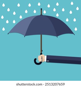 Businessman Hand holding umbrella under rain. The concept of protection, insurance. Vector illustration in flat style