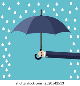 Mano del hombre de negocios que sostiene el paraguas bajo la lluvia. El concepto de protección, seguro. Ilustración vectorial en estilo plano