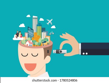 Businessman hand holding usb flash drive to connect other businessman with head full of dreams. Vector illustration 