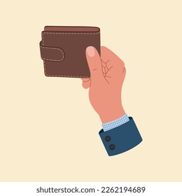 Businessman hand holding wallet. Hand drawn vector vector illustration isolated on light background. Modern flat cartoon style.