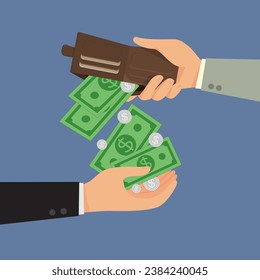 Businessman hand holding wallet with lost money bills to other hand. Concept business vector cartoon eps10 illustration in flat style. 