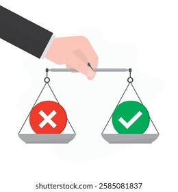 Businessman hand holding weight scale with check mark and cross. Yes or no signs. Choice, decision, right or wrong, Balance between positive and negative concept. flat vector illustration