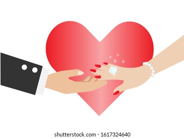 Businessman hand holding woman hand wearing precious diamond ring. Isolated on white background Vector Illustration. Idea for love, wedding, marriage proposal and Valentine's day concept.