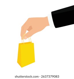 Businessman hand holding yellow paper shopping bag. Isolated on white background. Vector illustration for e-commerce, retail, online shopping, delivery, or business concept.