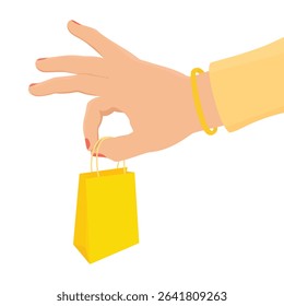 Businessman hand holding yellow paper shopping bag. Isolated on white background. Vector illustration for e-commerce, retail, online shopping, delivery, or business concept.