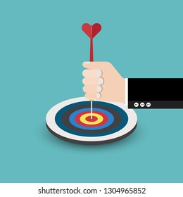 Businessman hand holds an arrow to the target. Career success goals. Marketing target concept. Illustration vector flat