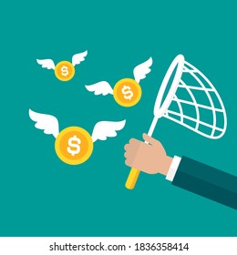 Businessman hand holds butterfly net with golden dollar coins. Catch, hunt, chase money symbol. Achieve goals, financial success, business income concept.  Vector illustration on blue background. 