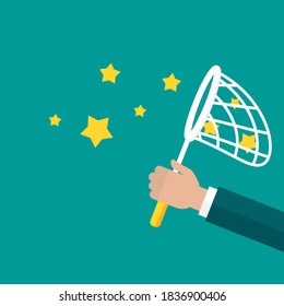 Businessman hand holds butterfly net with stars. Catch, hunt, chase symbol. Achieve goals or dreams concept. Inspiration search concept. Creative, innovation, training. Vector illustration