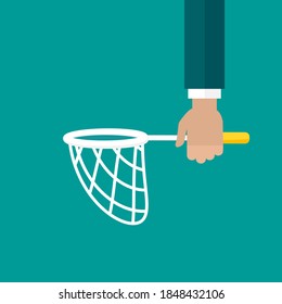 Businessman hand holds butterfly net. Catch, hunt, chase symbol. Achieve goals or dreams creative concept.  Vector illustration isolated on blue background. 