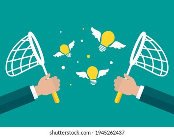 Businessman hand holds butterfly net with flying bulbs. Catch, hunt, chase ideas and solutions symbol. Inspiration search concept.  creative, innovation, training. Vector illustration isolated on blue