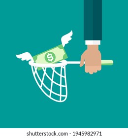 Businessman Hand Holds Butterfly Net With Dollar Banknote. Catch, Hunt, Chase Money Symbol. Achieve Goals, Financial Success, Business Income Concept.  Vector Illustration On Blue Background. 