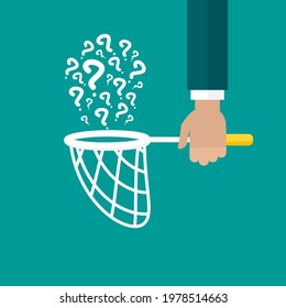 Businessman hand holds butterfly net with questions. Catch, hunt, chase symbol. Vector illustration isolated on blue background. Ask symbol. Curiosity logo. Hints and tints. Questions and answers.