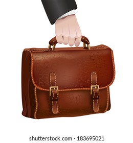Businessman hand holds classic brown leather textured briefcase isolated vector illustration
