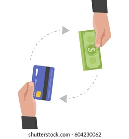 Businessman hand holds credit card and money exchange vector illustration.