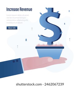 Businessman hand holds giant dollar sign in pot. Venture fund investing in new startup, making money. Confident investor growthing profit and earnings. Money tree, increse revenue. vector illustration