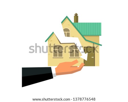 Businessman hand holds house with crack on wall like graph arrow fall down. Crashing housing market, investment concept or low money price for buying new home. Flat style vector illustration
