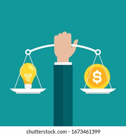 Businessman hand holds mechanical scales with dollar coin and light bulb in pans.  Idea value, solution and expenses balance. Justice, law scale. Vector illustration on blue background. 