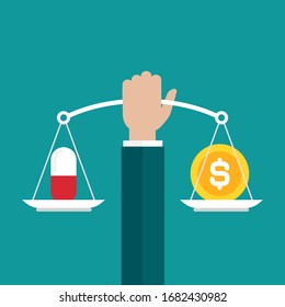 Businessman hand holds  mechanical scales with dollar coins and pill, drug in pans. medcine and money balance. farmasy costs. Vector illustration on blue background. 