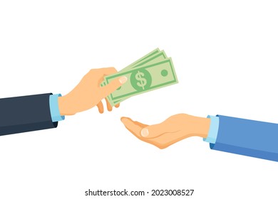 Businessman hand holds money bills. Pay for something. Charity, donation concept. Vector illustration