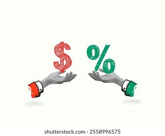 Businessman hand holds out a percentage sign other hand offers dollar bills. Investment profit earnings. Collage Art Vector illustration