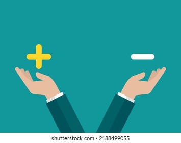 Businessman hand holds plus and minus signs.  value, solution and rationality balance. pros and cons scale. Vector illustration on blue background. 