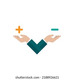 Businessman hand holds plus and minus signs.  value, solution and rationality balance. pros and cons scale. Vector illustration on blue background. 