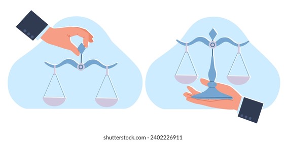 Die Hand der Geschäftsleute hält Waagen. Libra-Messgerät mit leeren Platten in Balance. Justizsymbol. Gewicht und Bedeutung vergleichen. Cartoon-Wohnung im Stil der Einzelgrafik. Vektor-Rechtskonzept