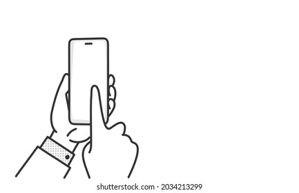Businessman hand holds the smartphone and the finger touches the screen. Hand drawn vector illustration. Black and white.