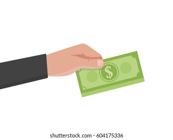 Businessman hand holds a stack of green dollars money vector illustration.