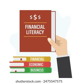 Businessman hand holds textbook - financial literacy. Stack of economic books. Courses in trading or economic literacy. Writer or successful trader presents new book on finance and investment. vector