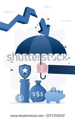 Businessman hand holds umbrella, money and savings under protection. Insurance, business solution. Risk management concept banner. Financial protection. Fight against economic crisis. flat vector