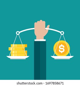 Businessman hand holds white mechanical scales with gold dollar coin and stack of coins in pans.  Currency balance or exchange. Justice, law scale. Vector illustration on blue background. 