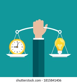 Businessman hand holds white mechanical scales with clock and light bulb in pans.  Idea value, solution and expenses balance. Justice, law scale. Vector illustration on blue background. 