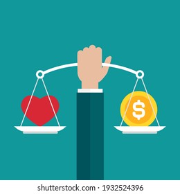 Businessman hand holds white mechanical scales with dollar coin and red heart in pans.  Love, like, sympathy value, solution and expenses balance. Justice, law scale. Vector illustration on blue 