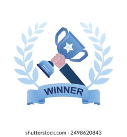 Businessman hand holds winner cup inside of award wreath with ribbon. Successful results in business, best worker. Winner with trophy, reward. Prize, first place. Flat trendy style vector illustration