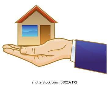 Businessman hand with house vector icon