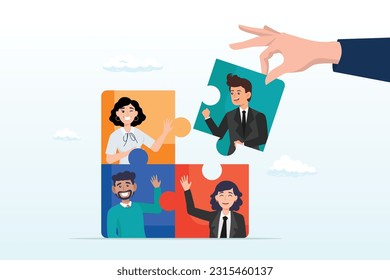 Businessman hand HR put new joiner to connect jigsaw puzzle, new joiner to fill in team and solve problem, teamwork, put right man in the right job to fit job description concept (Vector)